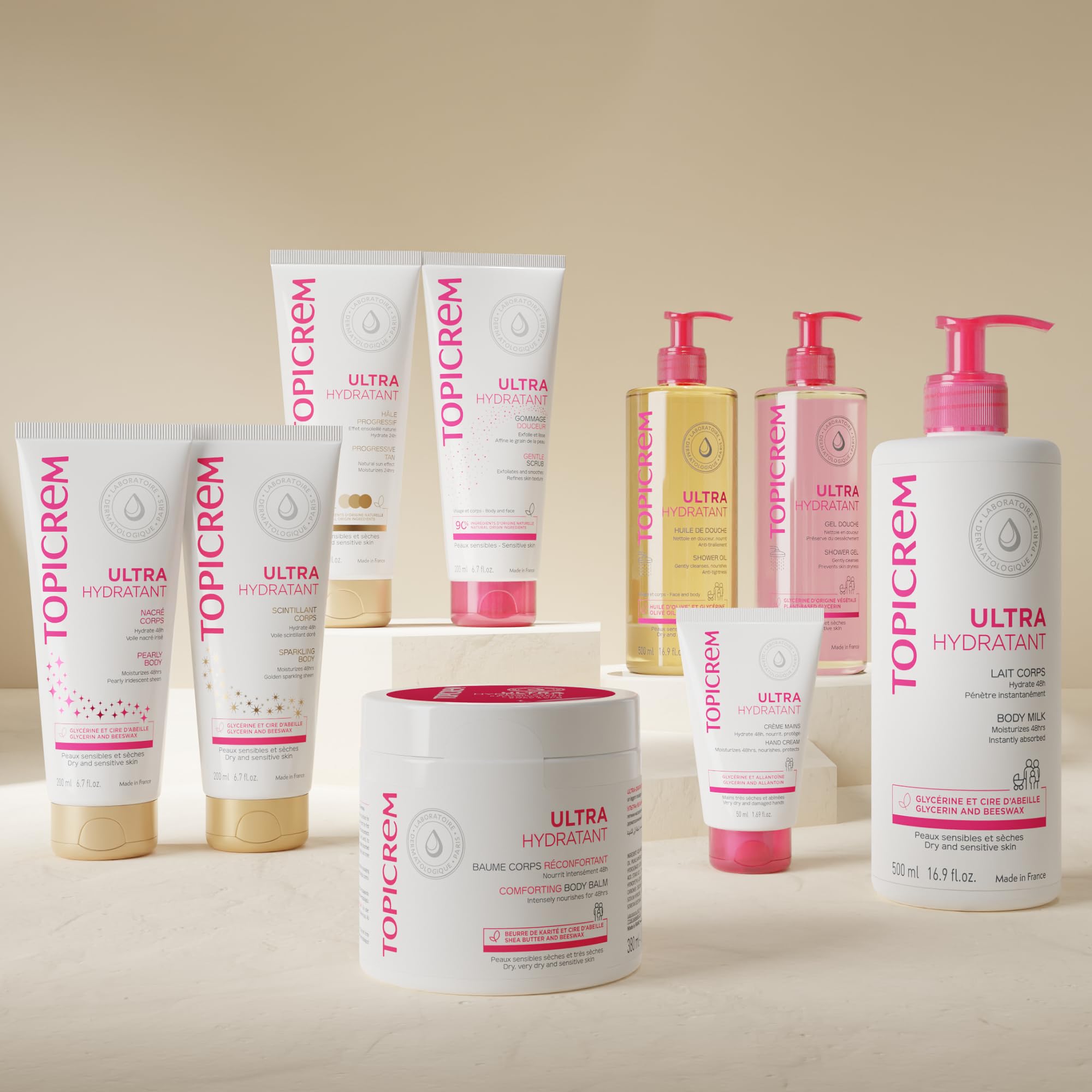 Topicrem ultra-moisturising body milk with pump, convenient for child care.