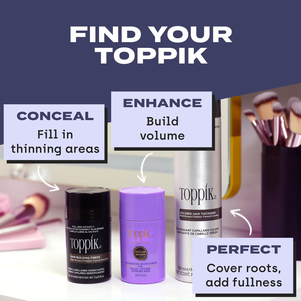 Toppik Thickener spray ash brown bottle blends with cool-toned hair
