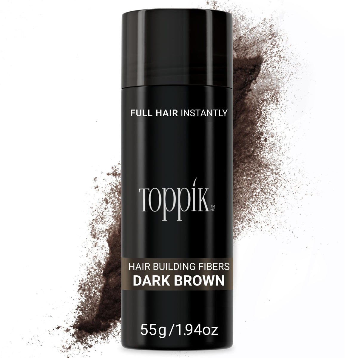 Toppik Hair Building Fibers Dark Brown bottle close-up for natural fullness.