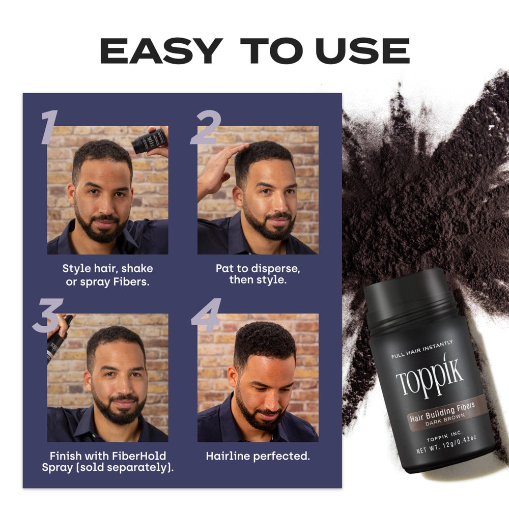 Toppik Hair Building Fibers dispersing evenly for seamless blend.