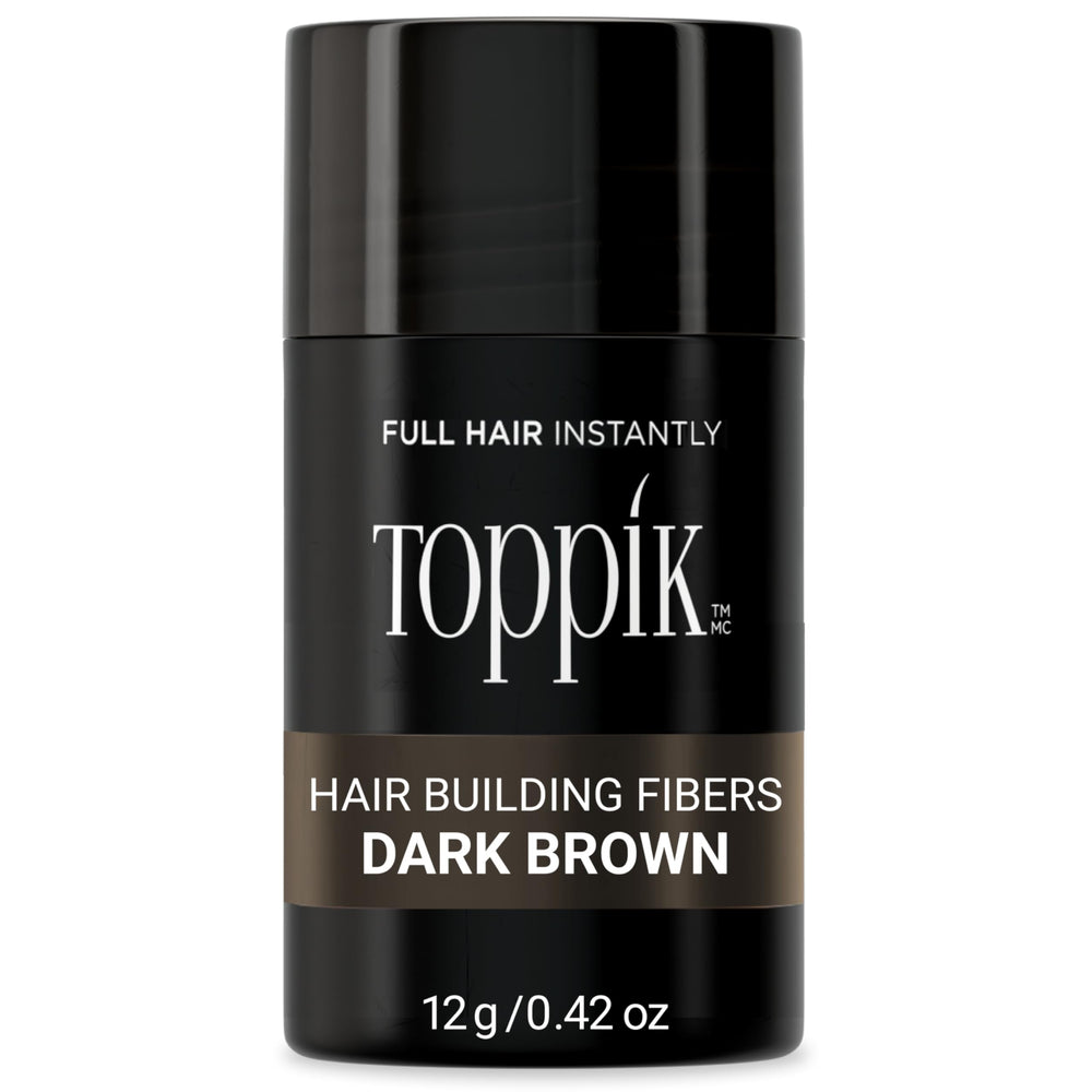 Toppik Hair Building Fibers packaging close-up showing brand and natural color.