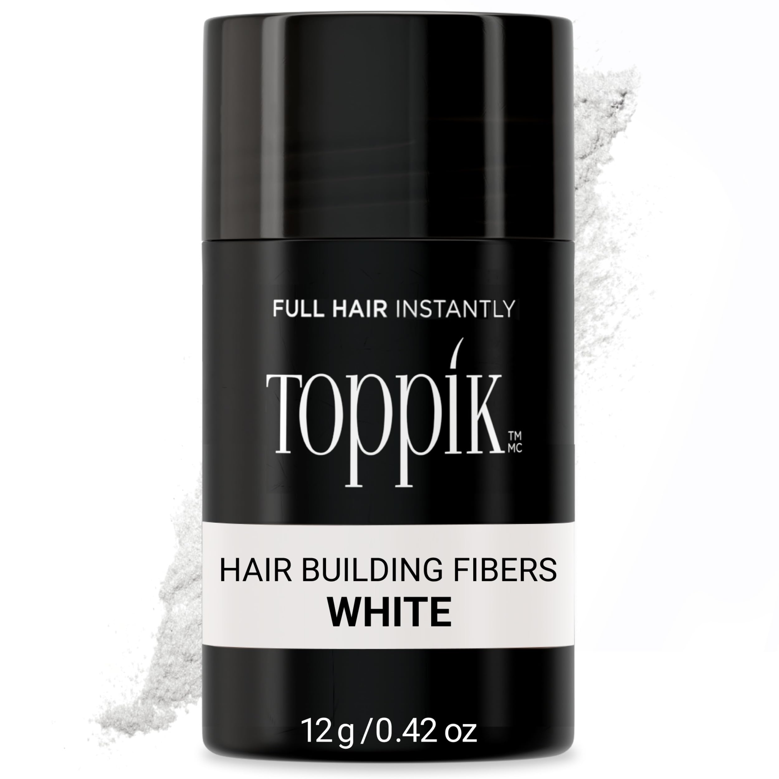 Toppik Hair Building Fibers white 12g bottle shows instant fuller-look results.