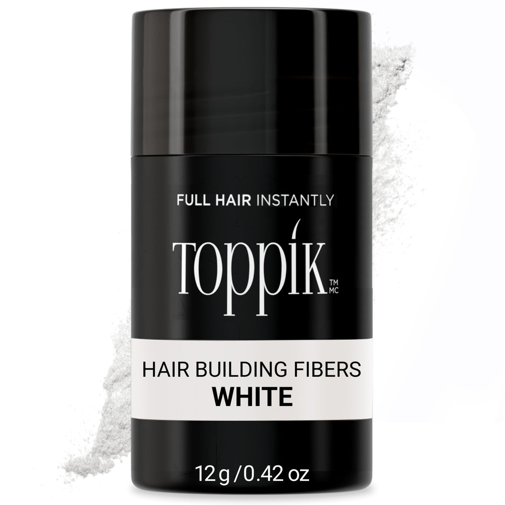 Toppik Hair Building Fibers white 12g bottle shows instant fuller-look results.
