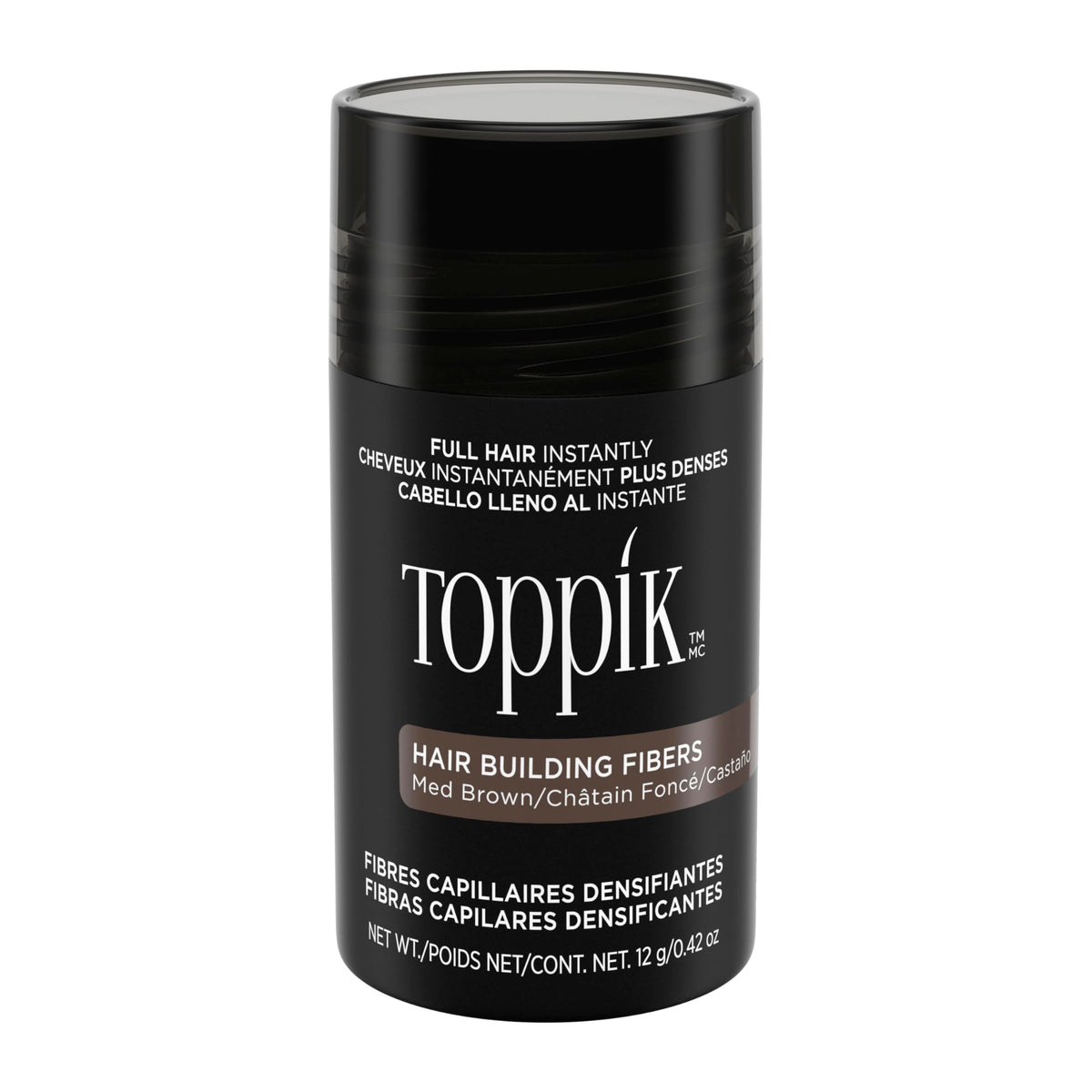 TOPPIK hair fibers application close-up showing instant fullness and blend