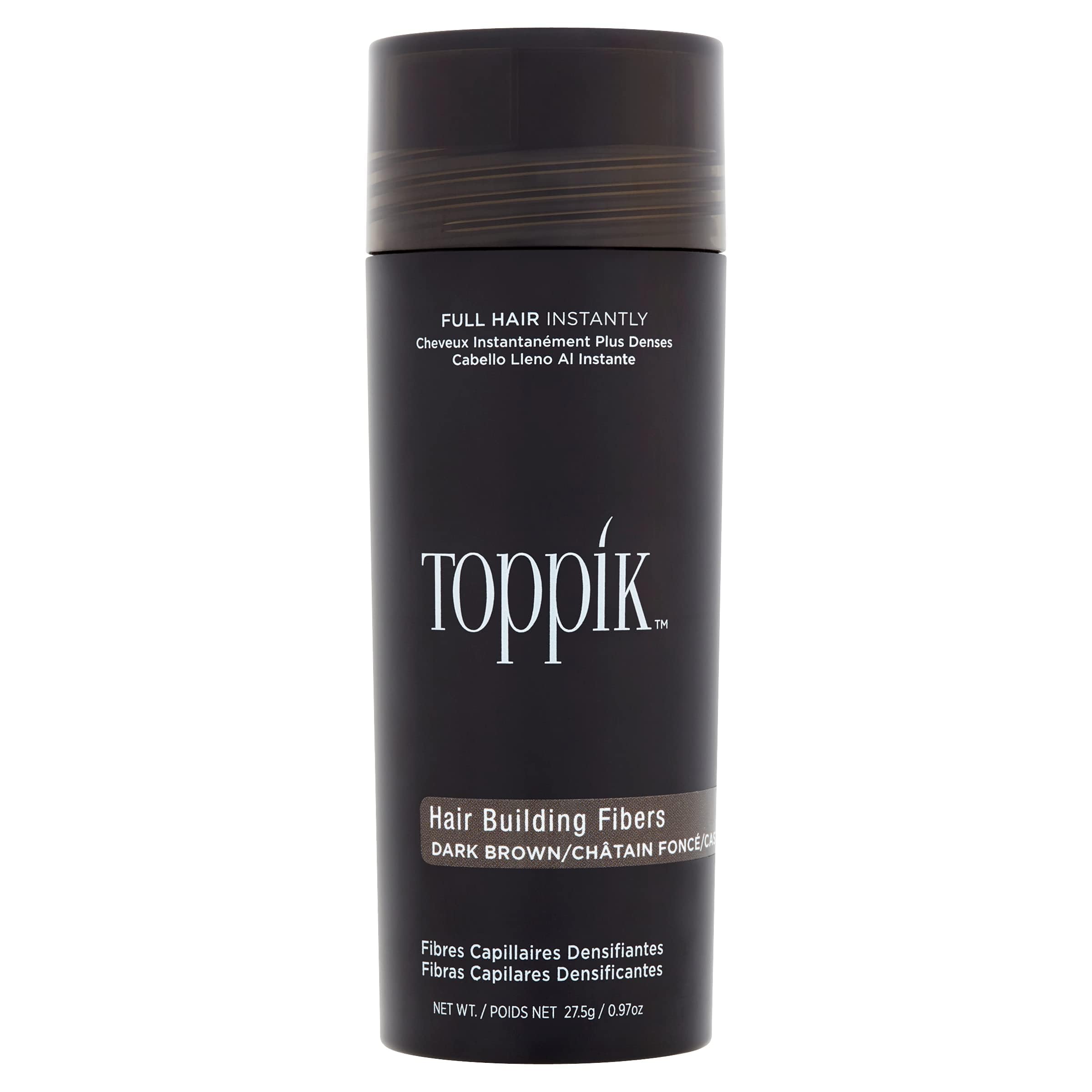 Toppik Hair Fibers Dark Brown bottle close-up for fuller-looking hair