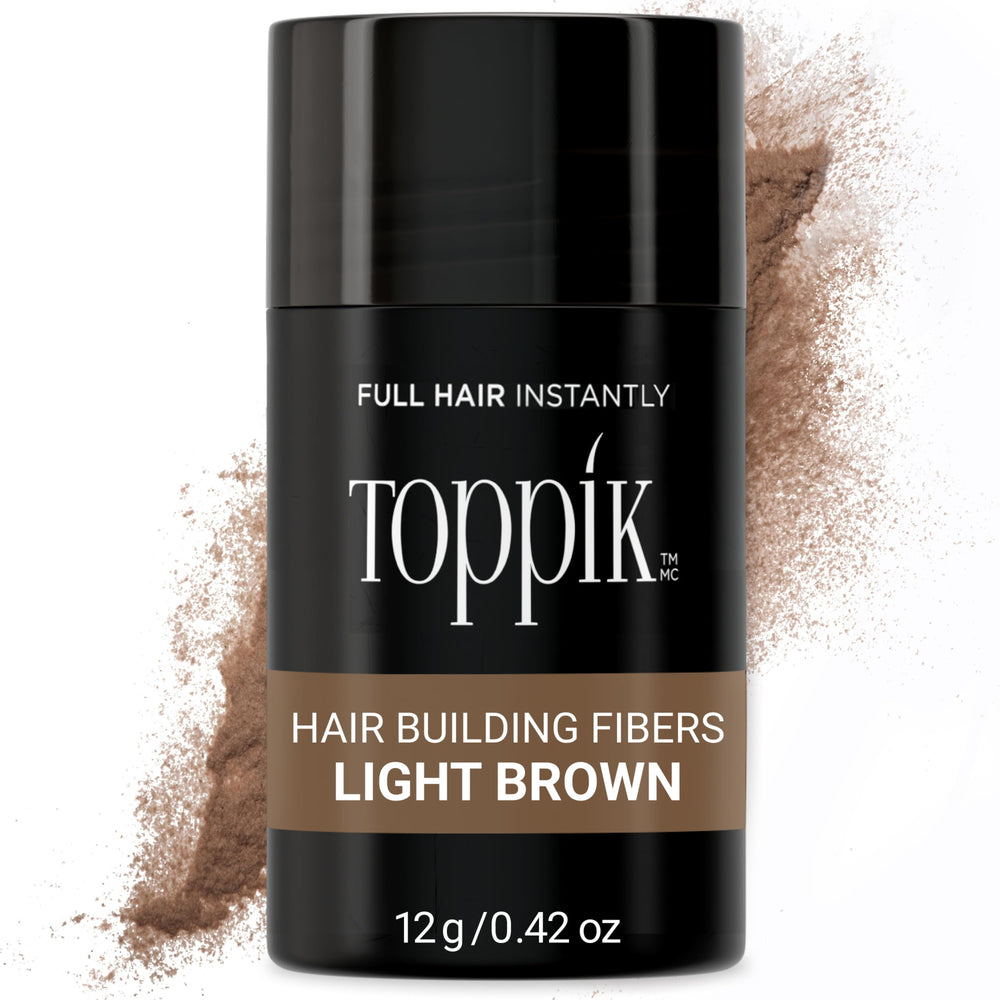 Toppik hair fibers in light brown blend with natural hair for instant fullness