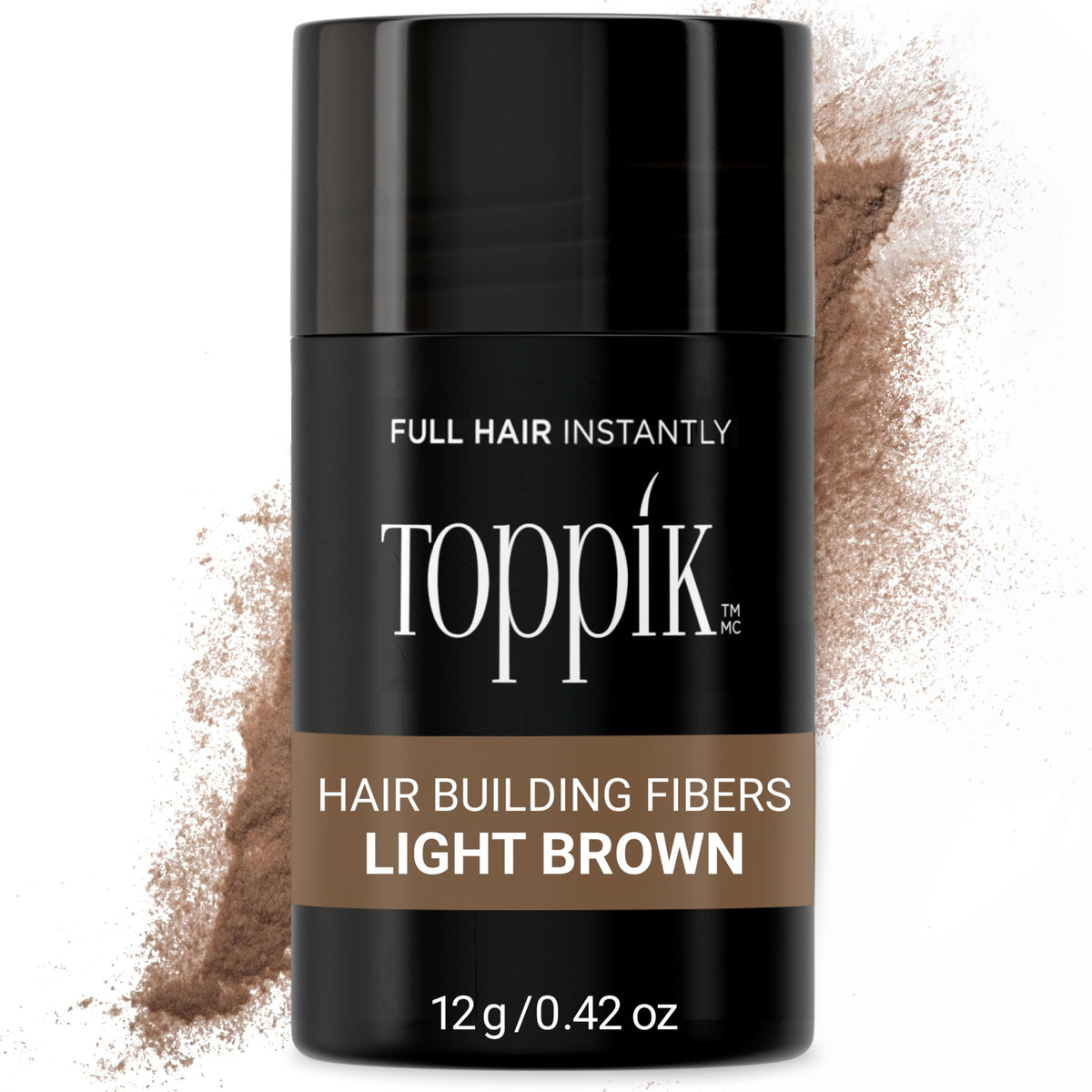 Toppik hair fibers in light brown blend with natural hair for instant fullness