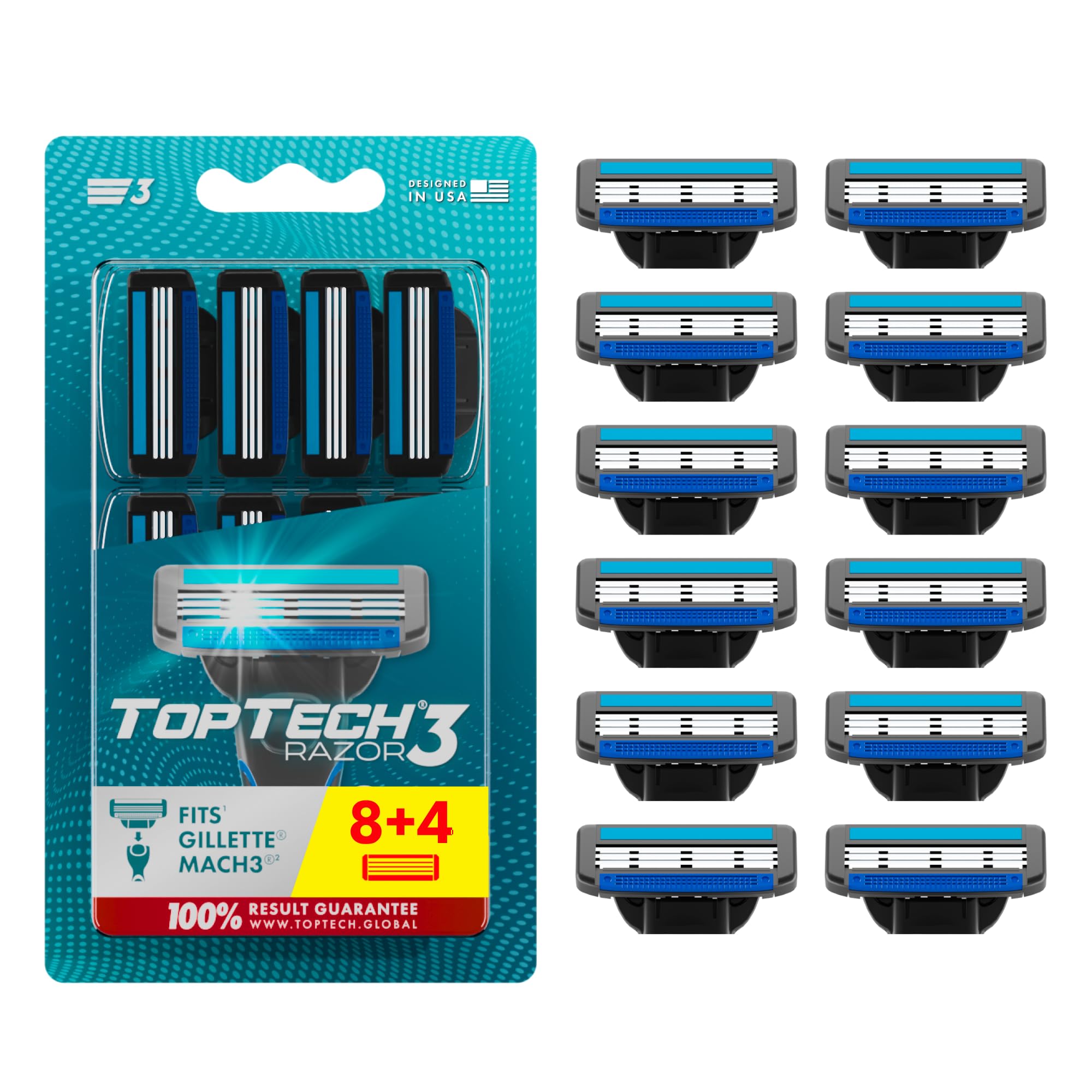 Toptech Razor 3 for Men pack front highlights eight-refill set for economical shaving