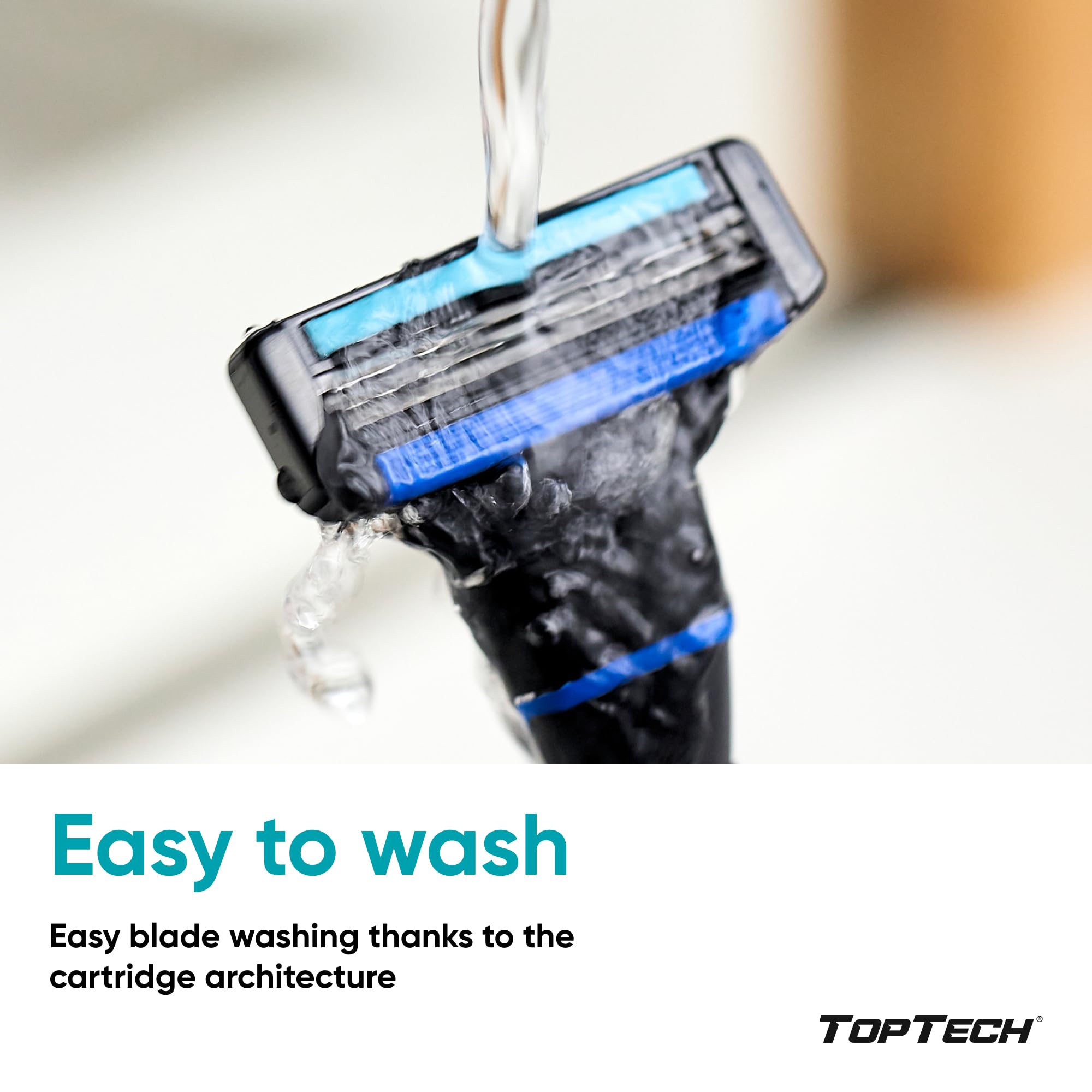 Toptech Razor3 pre-shave-strip guiding hairs toward blades for a smoother shave.