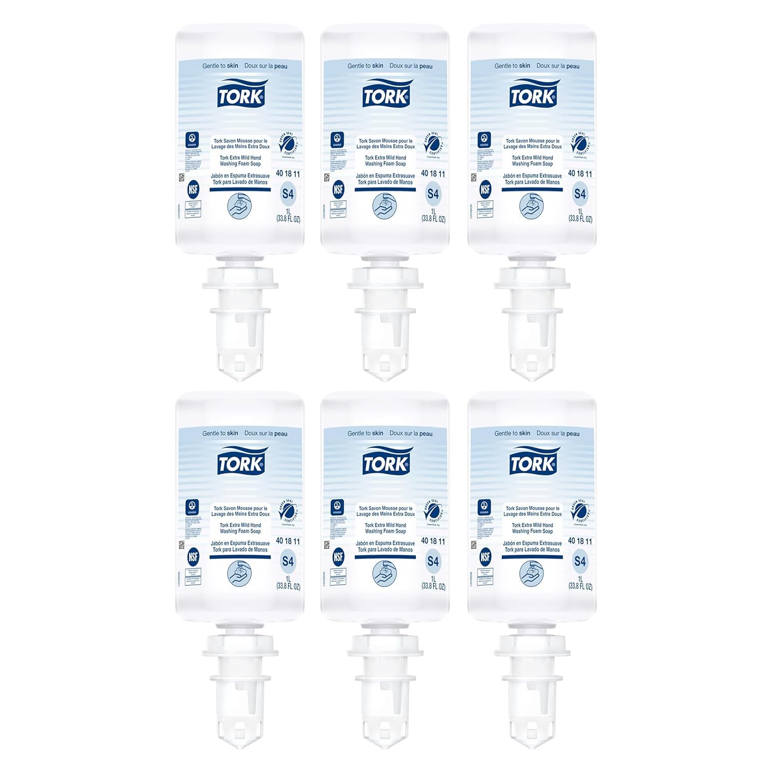 Tork Extra Mild Foam Soap S4 bottle showing fragrance-free formula for sensitive skin.