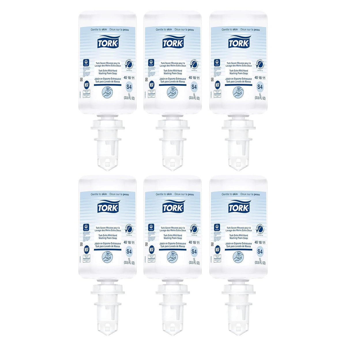 Tork Extra Mild Foam Soap S4 bottle showing fragrance-free formula for sensitive skin.