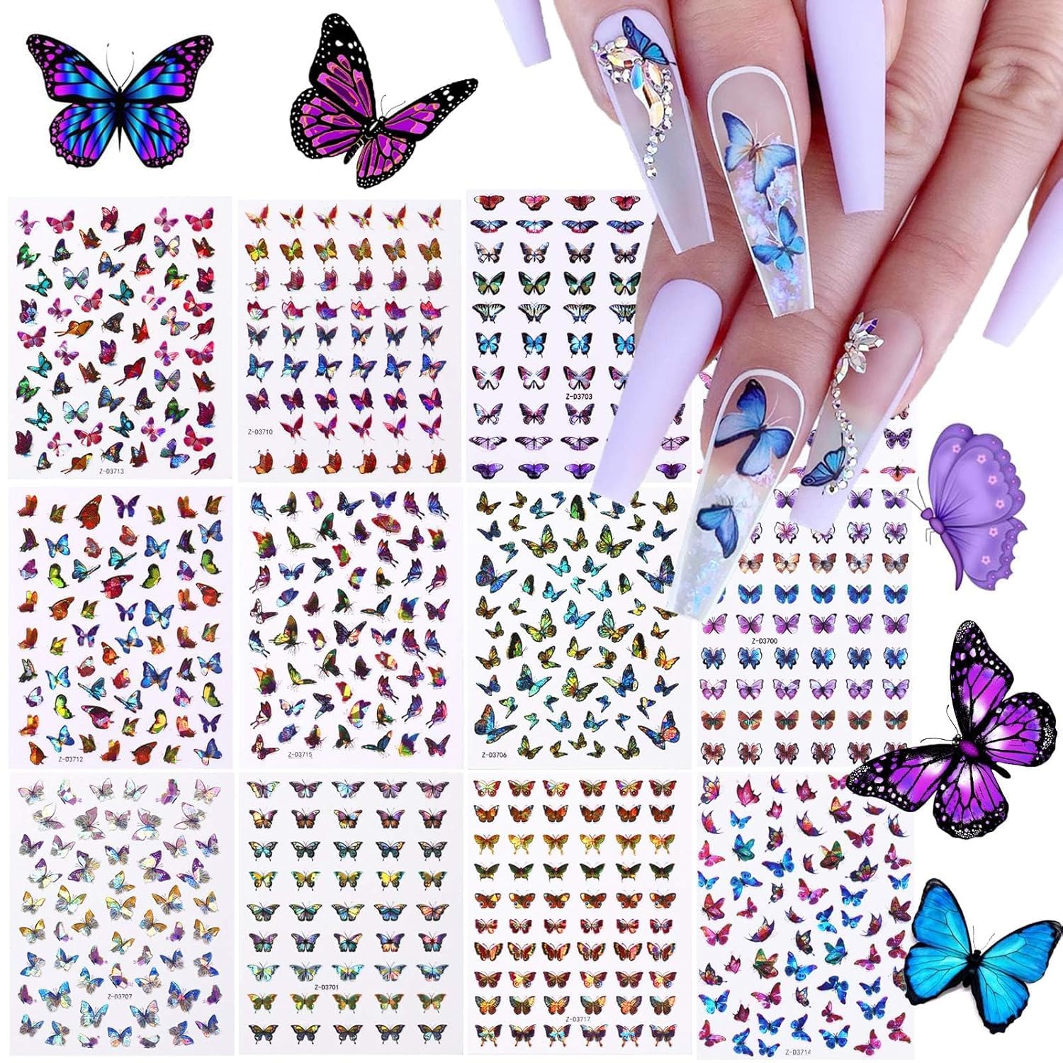 TOROKOM pegatinas para uñas con mariposas láser, decoración duradera y fácil de aplicar.