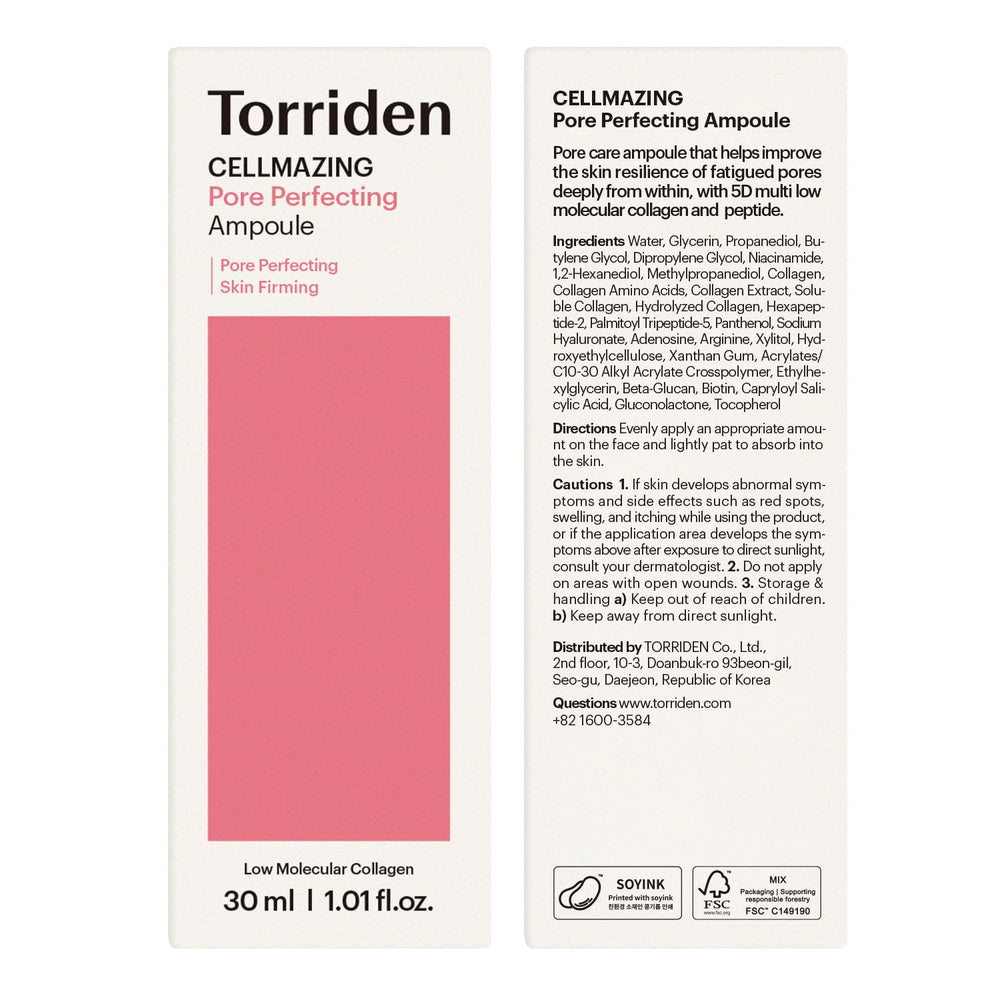 Torriden CELLMAZING vegan and recycled packaging visuals highlight sustainability.