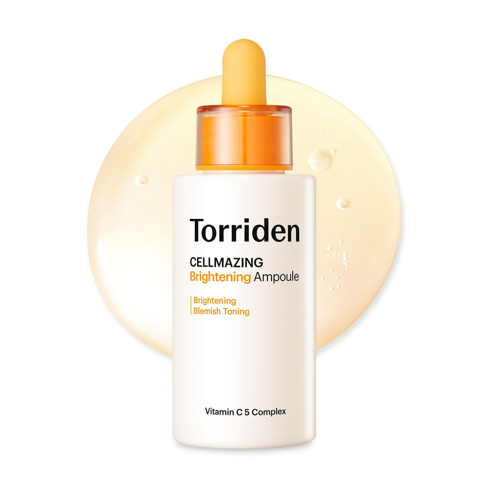 Torriden CELLMAZING Vita C Ampoule bottle closeup highlights sleek packaging and skincare focus.