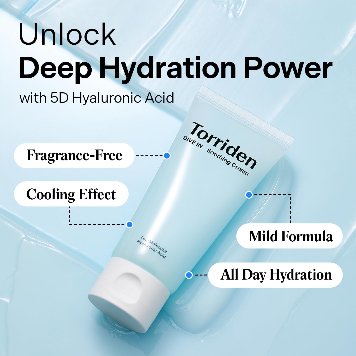 Torriden DIVE IN hyaluronic acid soothing cream texture shows a bouncy gel that absorbs quickly.