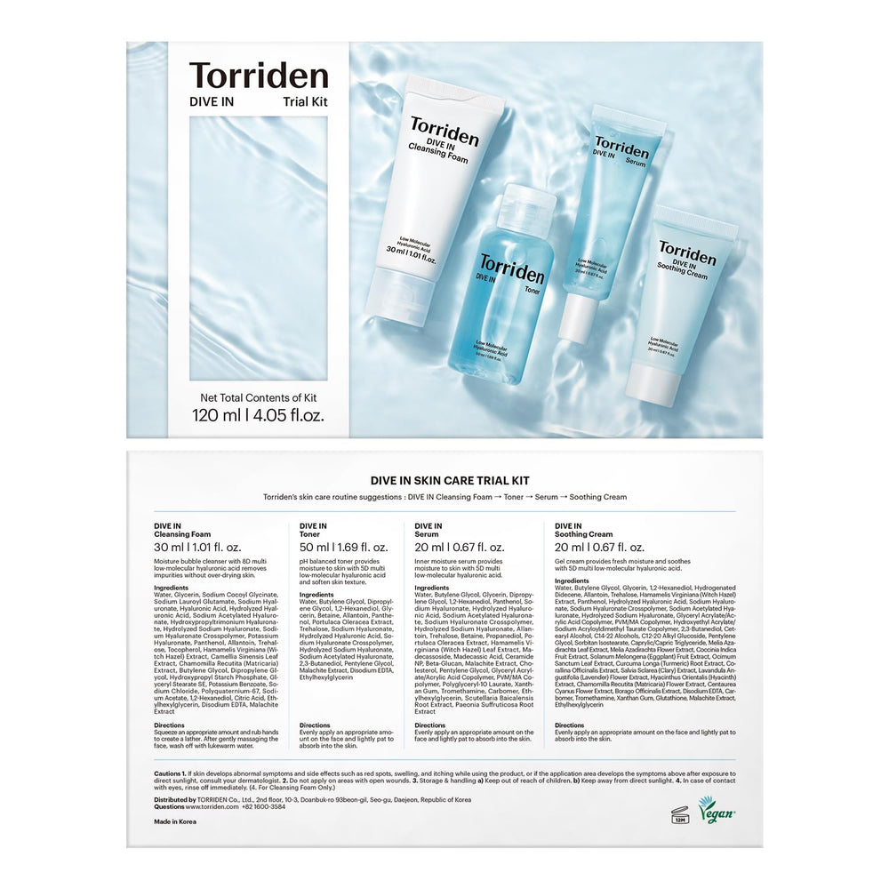 Torriden DIVE IN hydration boost image emphasizing multiple hyaluronic acids for plump skin.