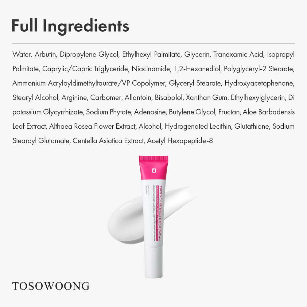 TOSOWOONG Arbutin 7% rutina diaria de cuidado para elasticidad.