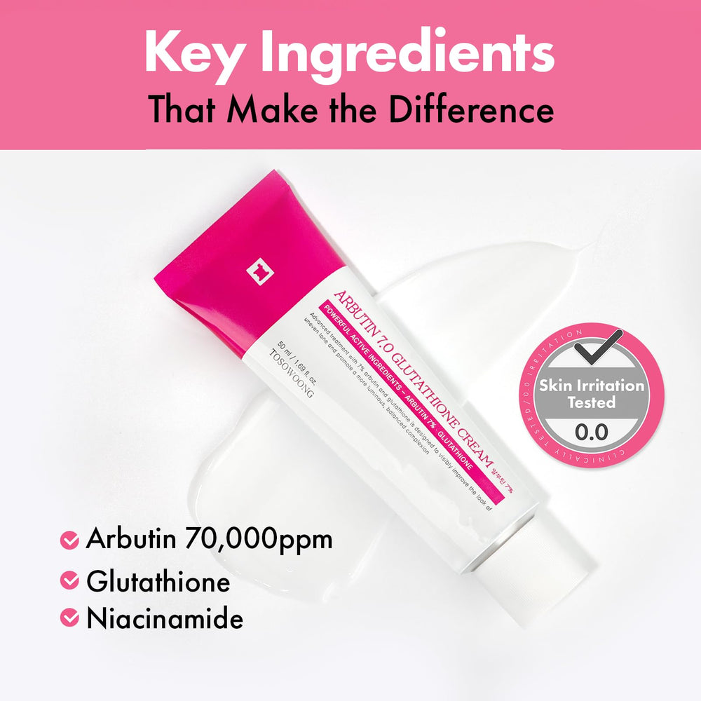 TOSOWOONG Arbutin Glutathione Cream ingredient label highlights Arbutin, Glutathione, and Niacinamide benefits.