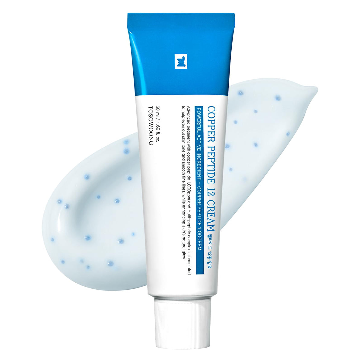TOSOWOONG Copper Peptide 12 Cream bottle highlights premium anti-aging care and firming potential.