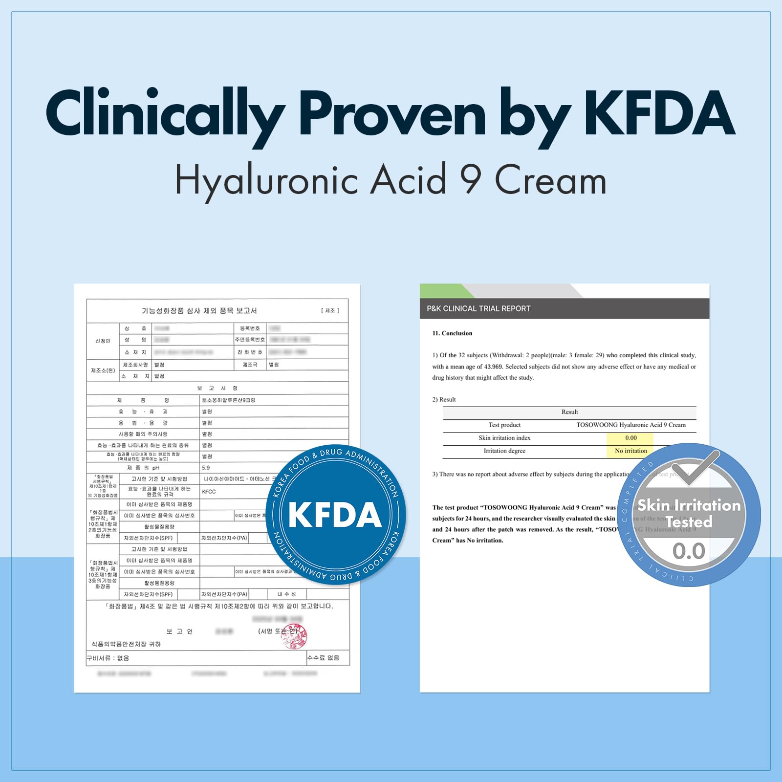 Ingredient list highlights Hyaluronic Acid and Centella Asiatica for soothing hydration