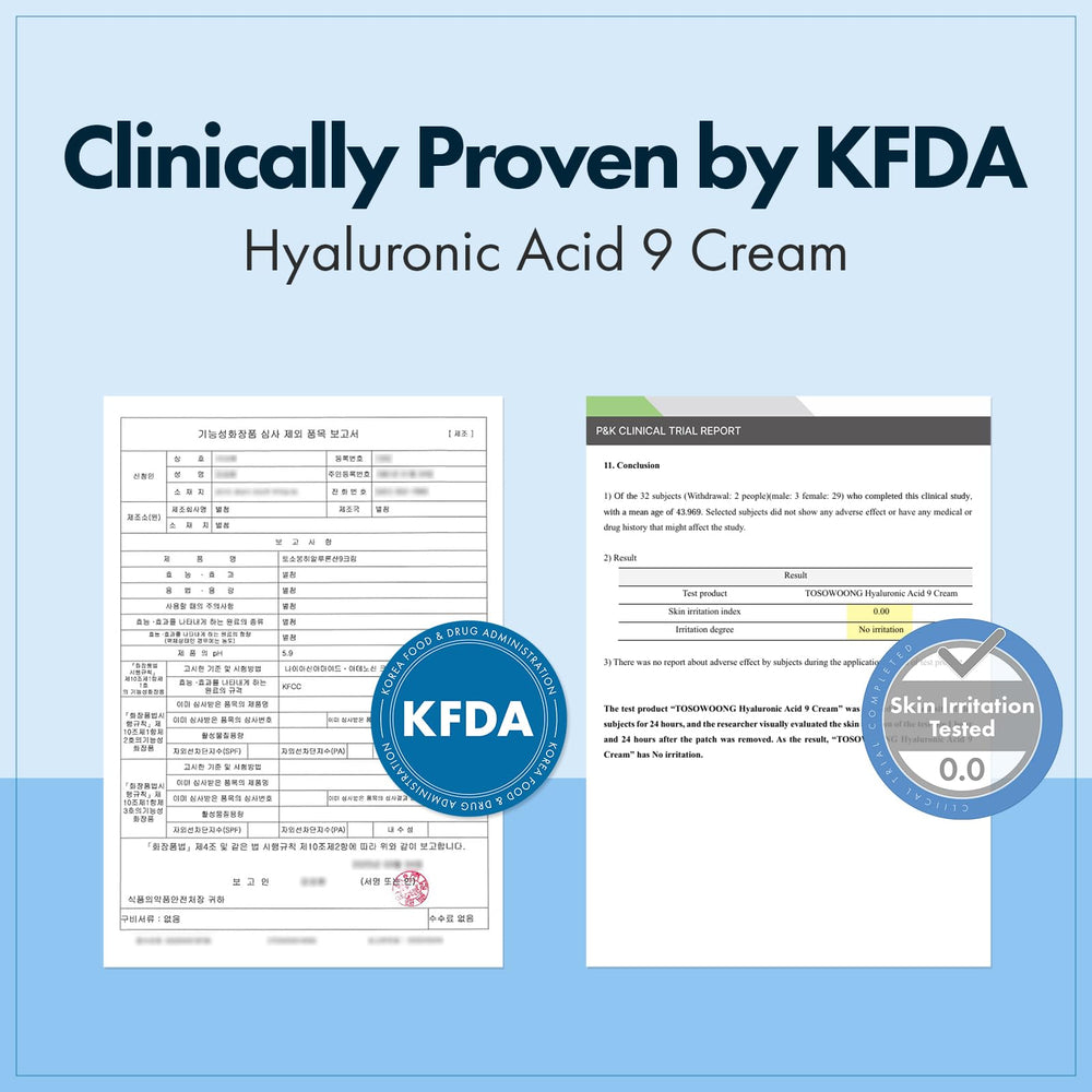 Ingredient list highlights Hyaluronic Acid and Centella Asiatica for soothing hydration