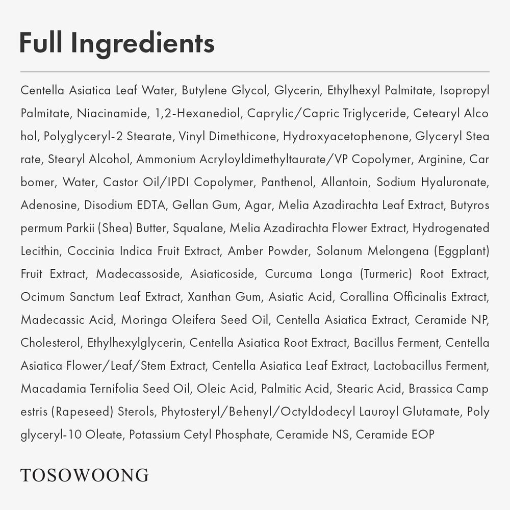TOSOWOONG Madagascar Centella Cream application routine suggesting daily use for irritation relief.