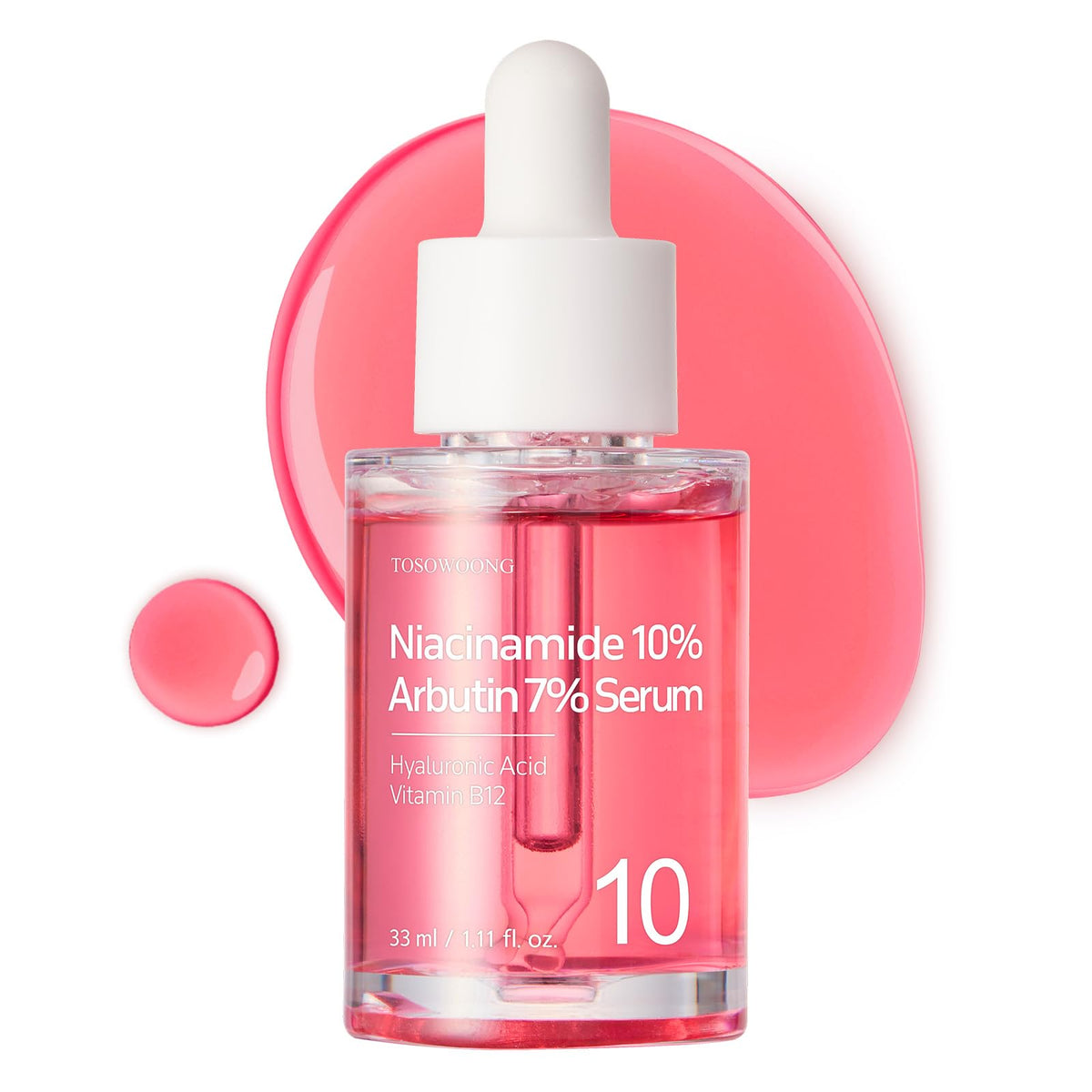 serum de Tosowoong Niacinamida Arbutina 10-7 en botella de vidrio para corrección de pigmentación.