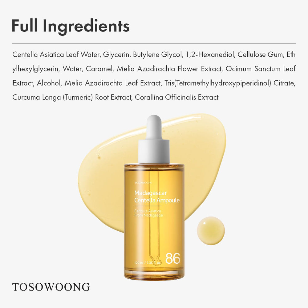 TOSOWOONG Madagascar Centella 86% Ampoule on skin with calm glow.