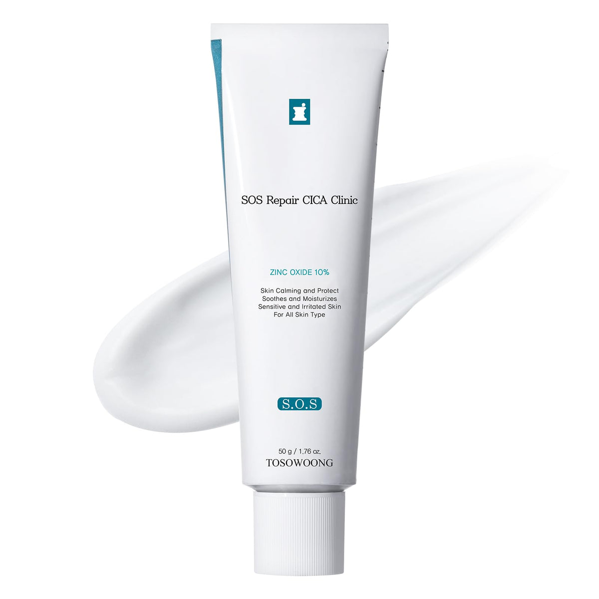 TOSOWOONG SOS Repair Cream jar highlighting a zinc-rich formula for soothing care.