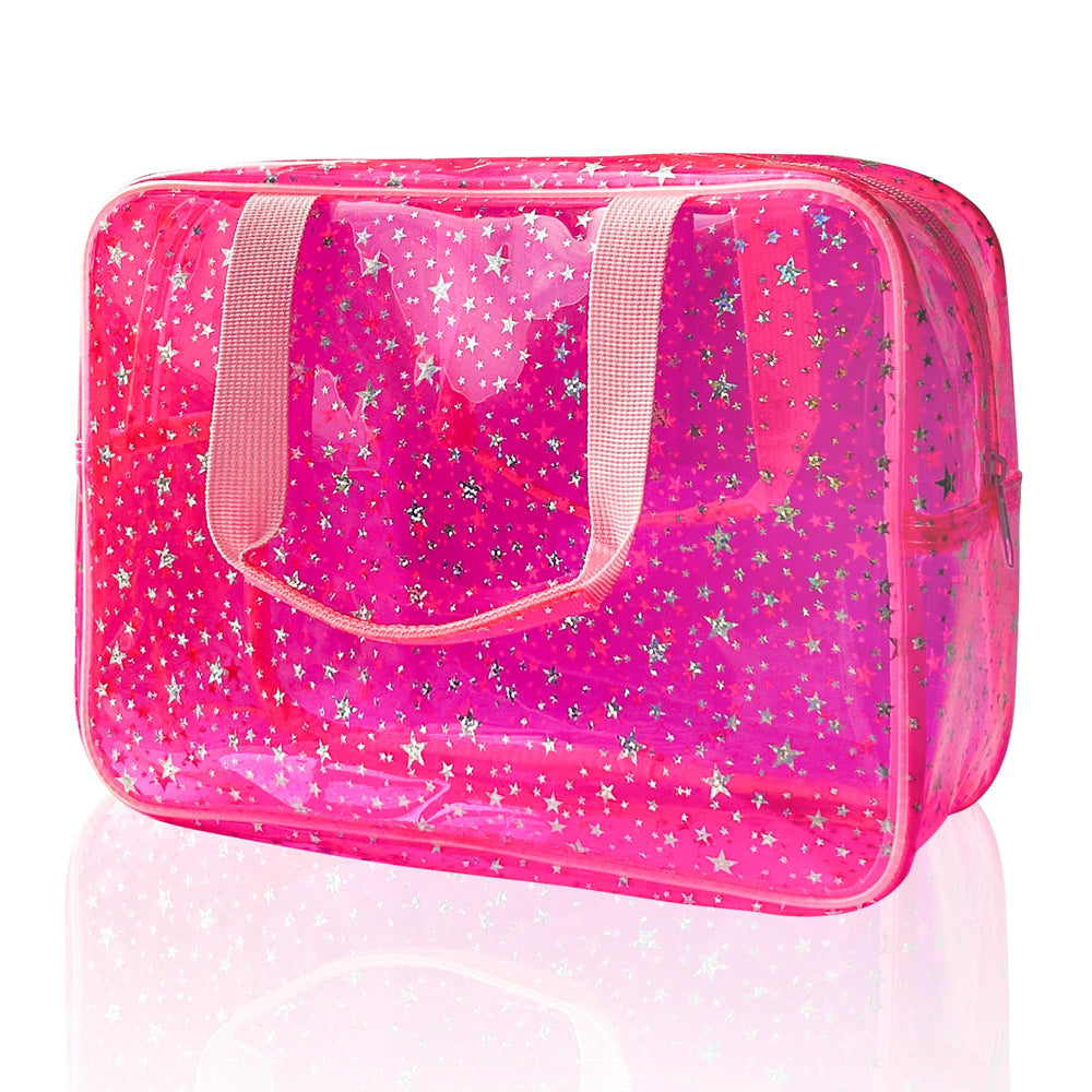 TotePrint hot pink star cosmetic bag shows portable travel-friendly design for makeup.