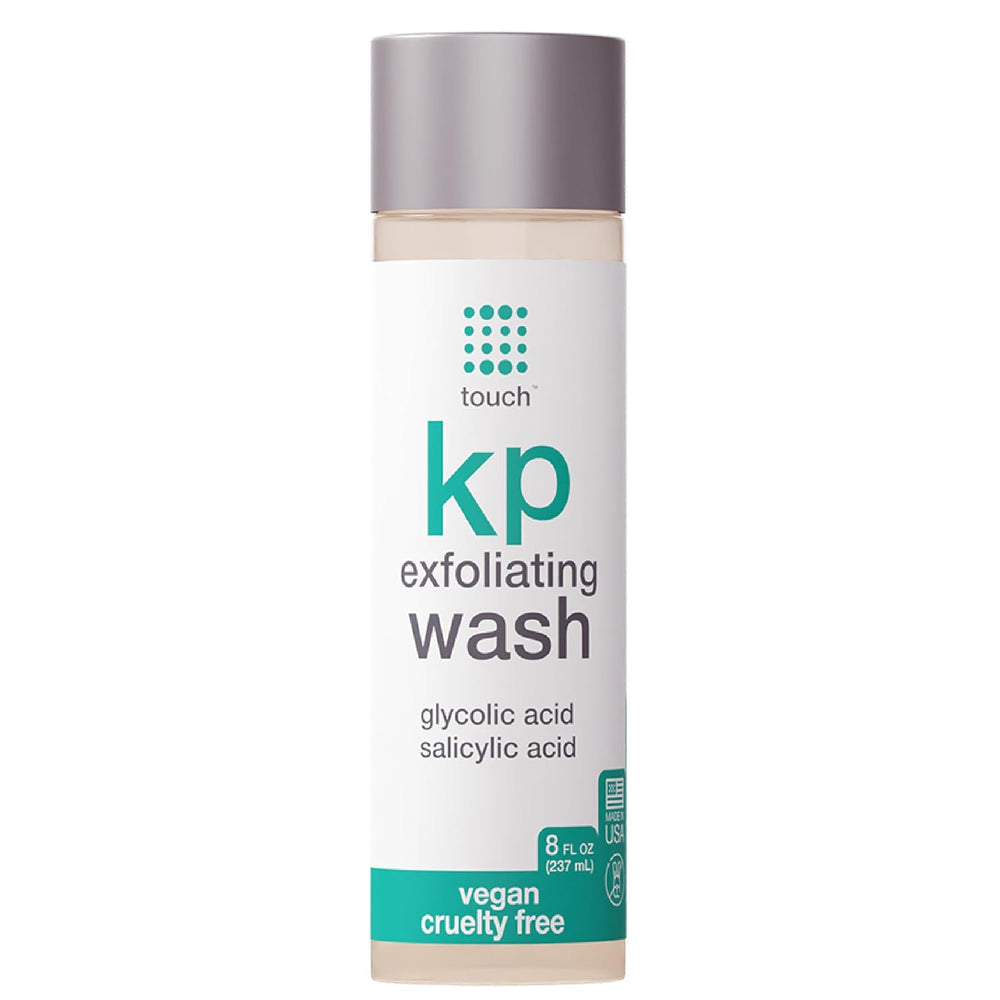 TOUCH KP exfoliating body wash bottle front promotes clearer skin.
