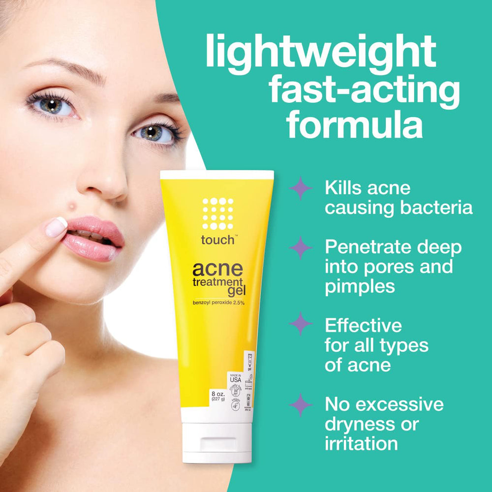 TOUCH gel 2,5% con textura clara para absorción rápida.
