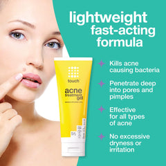 TOUCH gel 2,5% con textura clara para absorción rápida.