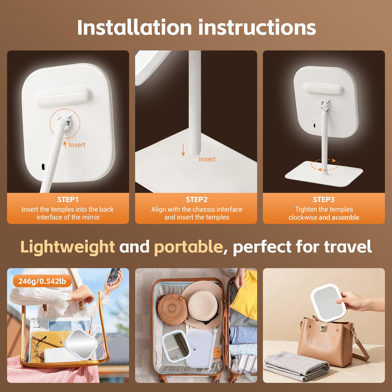 Touch-Sensitive LED vanity mirror 270-degree rotation enables flexible angles.