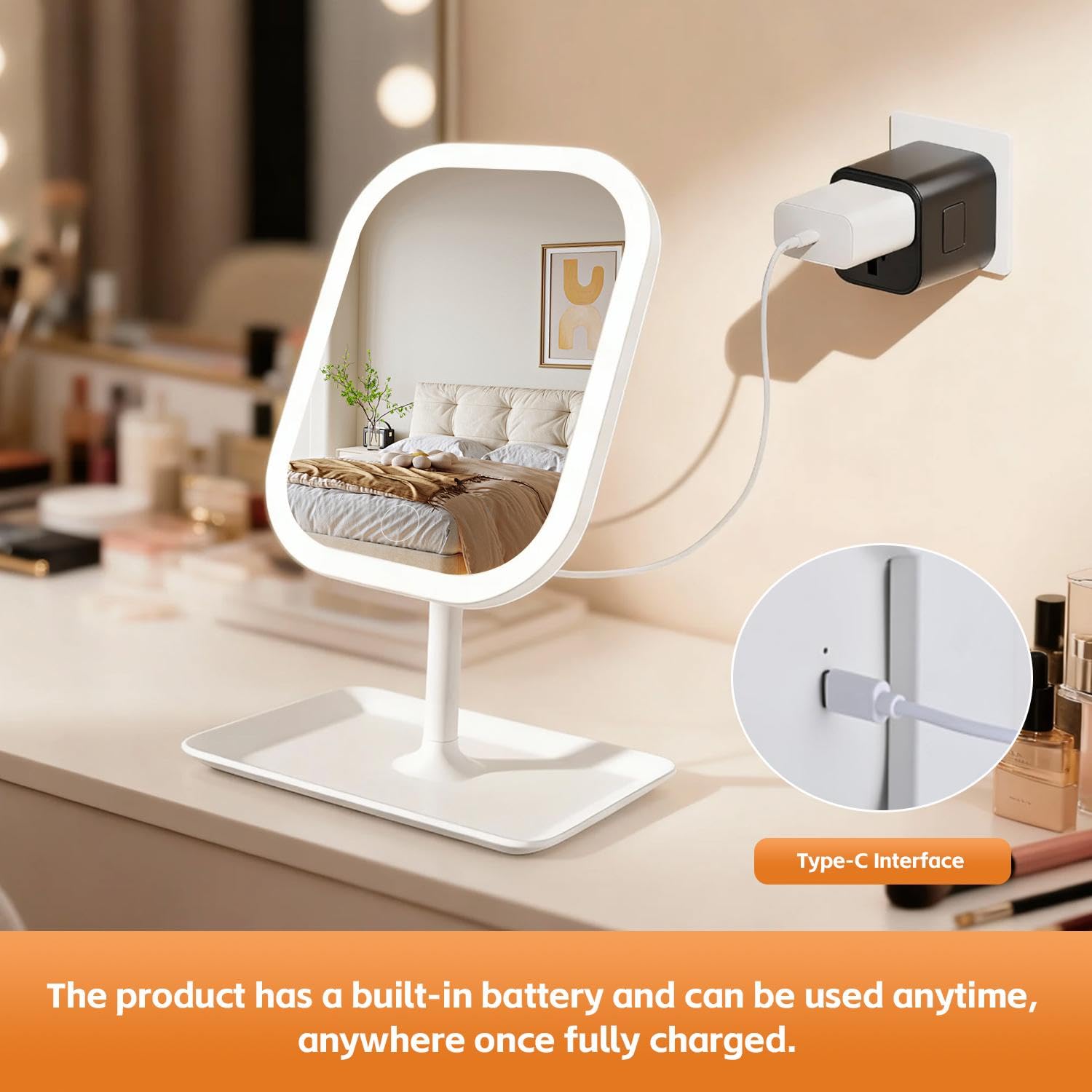 Touch-Sensitive LED vanity mirror on mode demonstrates adjustable color options.