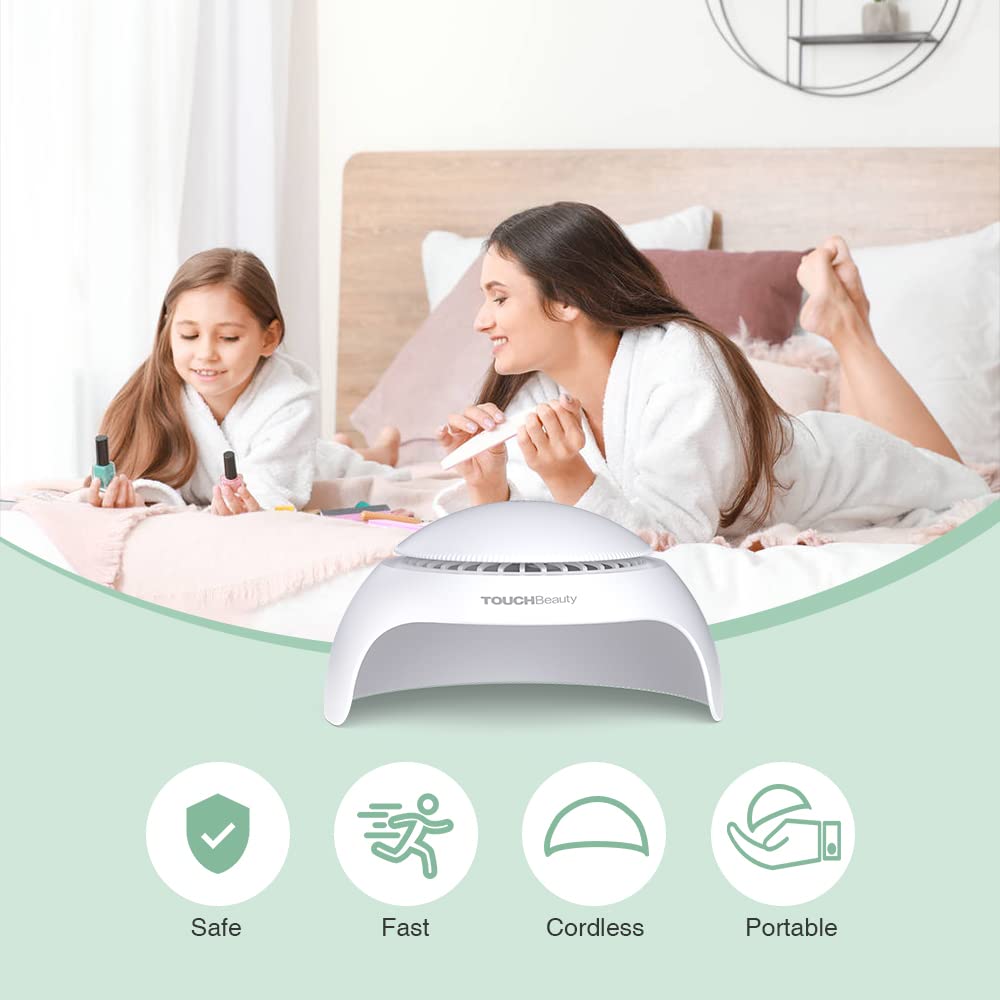 TOUCHBeauty battery-powered nail dryer operable with two AAA batteries.