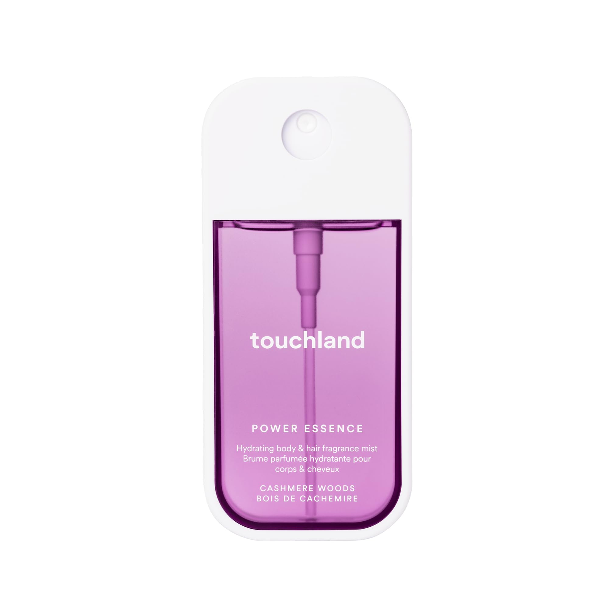 Touchland Cashmere Woods bottle front for on-the-go fragrance.