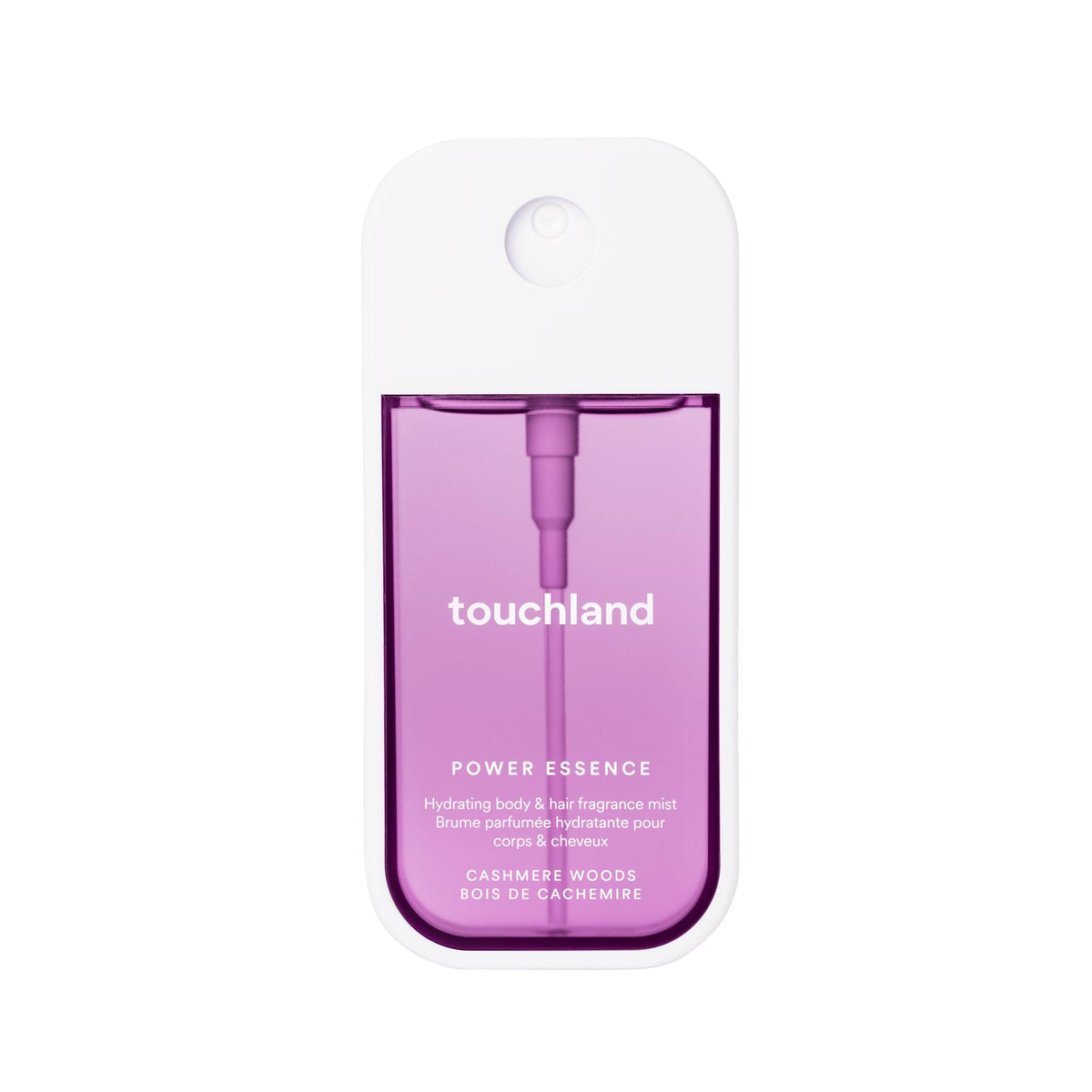 Touchland Cashmere Woods bottle front for on-the-go fragrance.