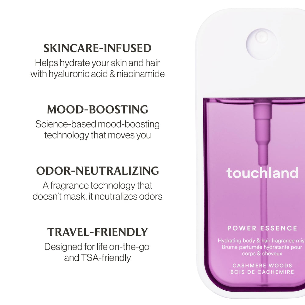 Touchland Cashmere Woods bottle with ingredients highlight and care benefits.