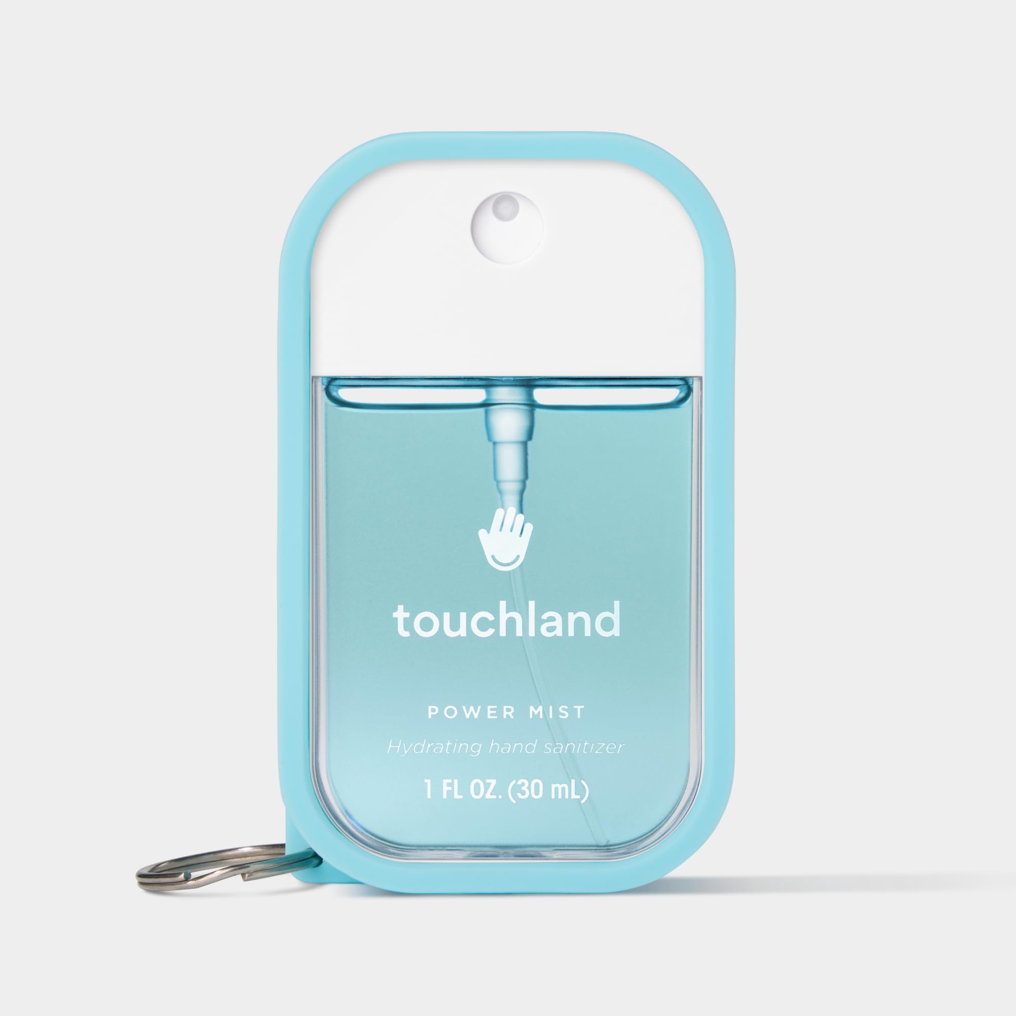 Touchland hand mist case with keyring; attach to keys for easy access.