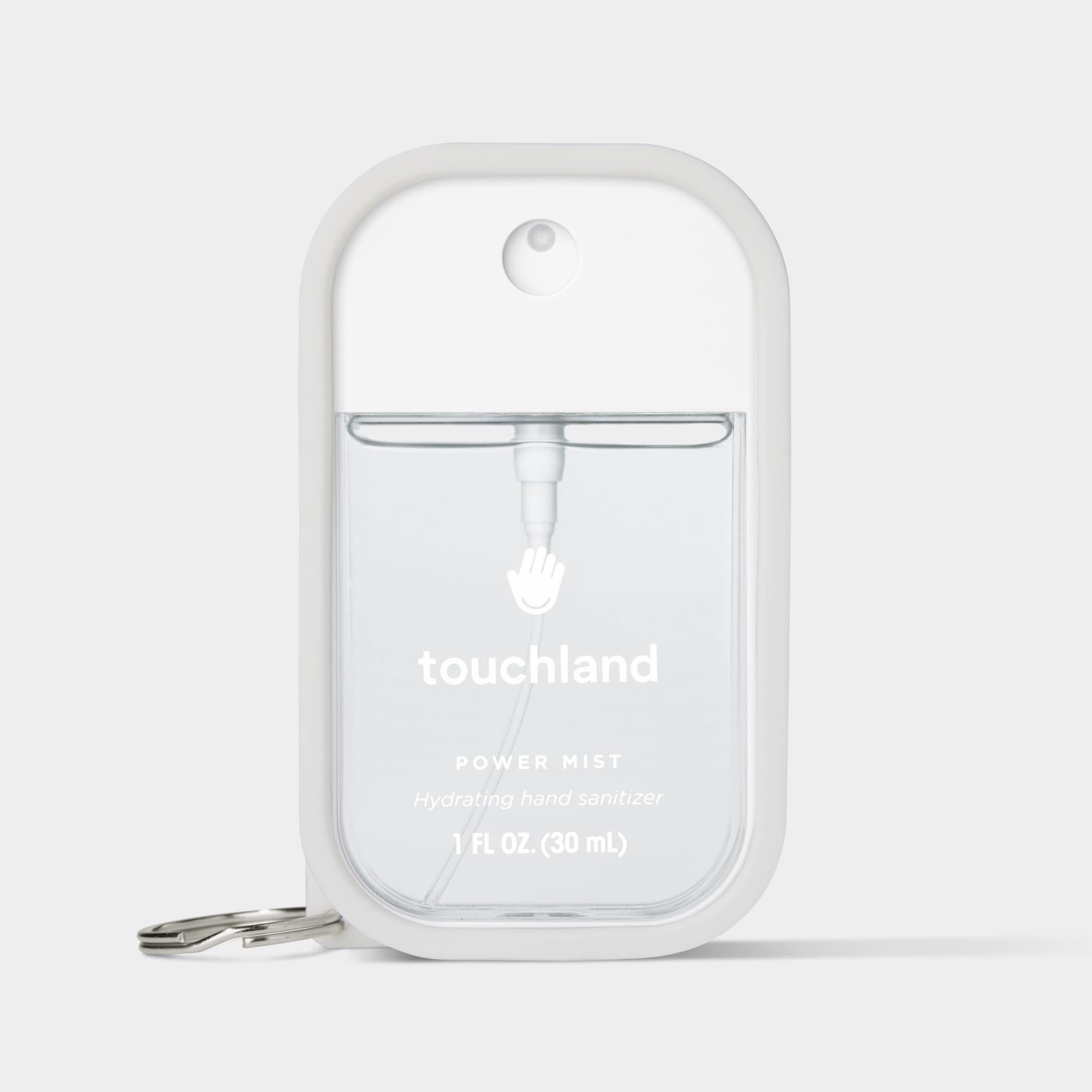 Touchland icy white hand mist case with keyring enables quick access.