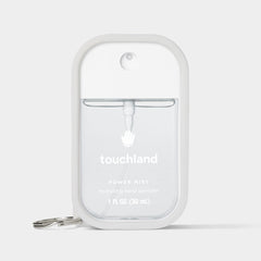 Touchland icy white hand mist case with keyring enables quick access.