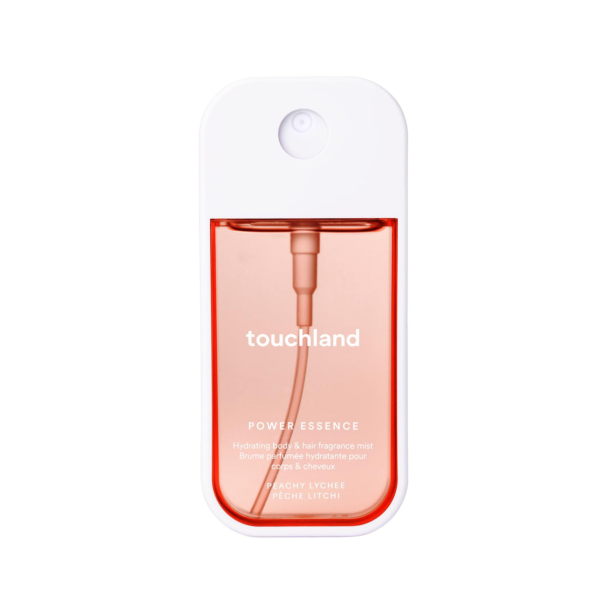 Touchland Peachy Lychee bottle showing a refreshing fragrance for body and hair.