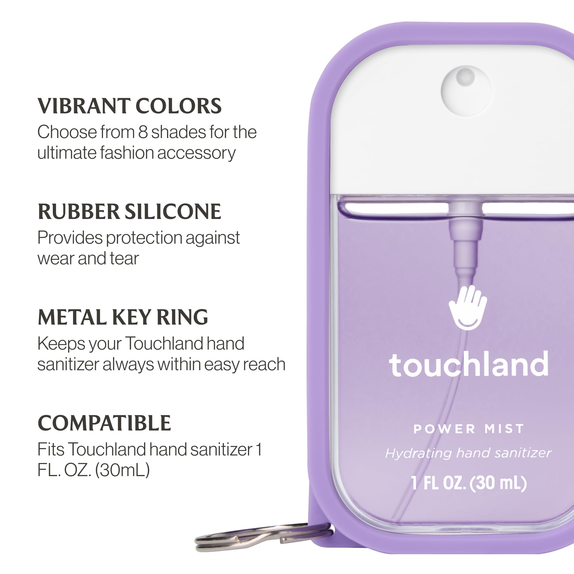 Touchland Purple Haze hand mist case back view highlighting durable silicone finish.