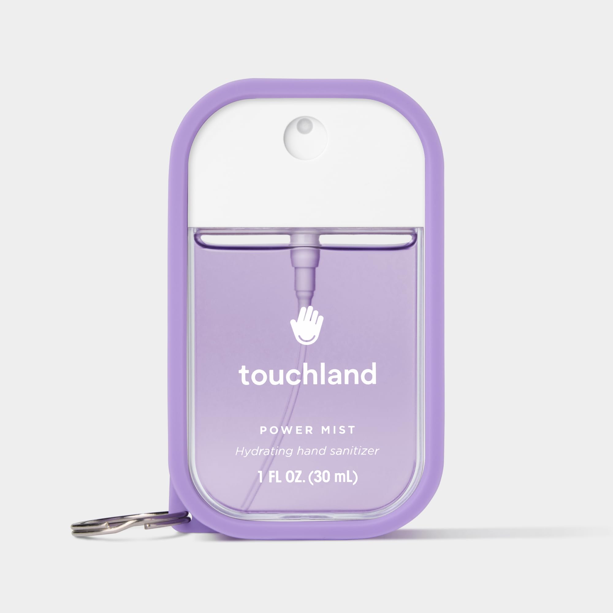 Touchland Purple Haze case attached to bag via clip for portability.