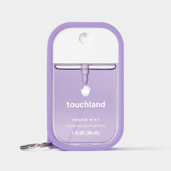 Touchland Purple Haze case attached to bag via clip for portability.
