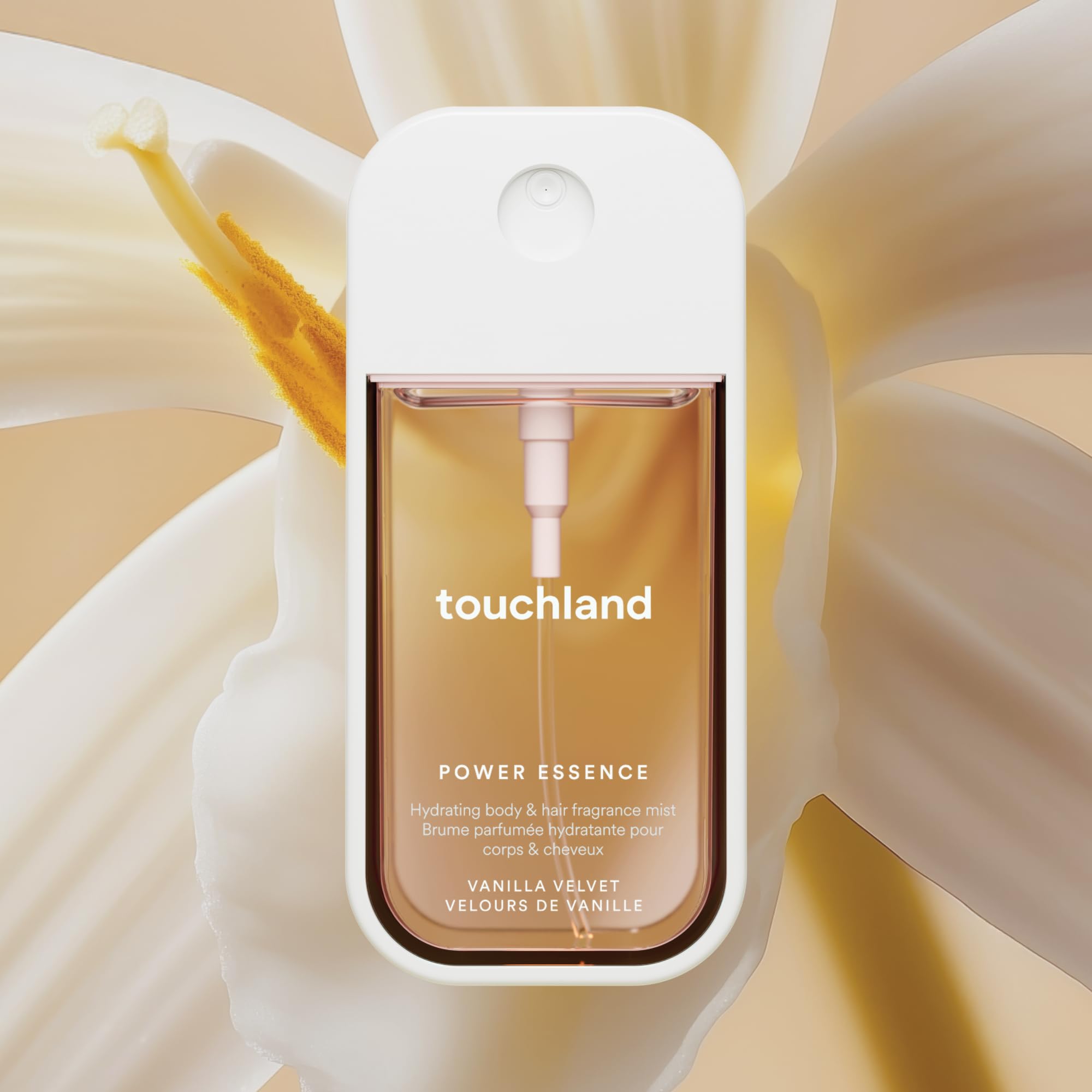 Touchland Vanilla Velvet mist applied to body and hair for hydration and fragrance.