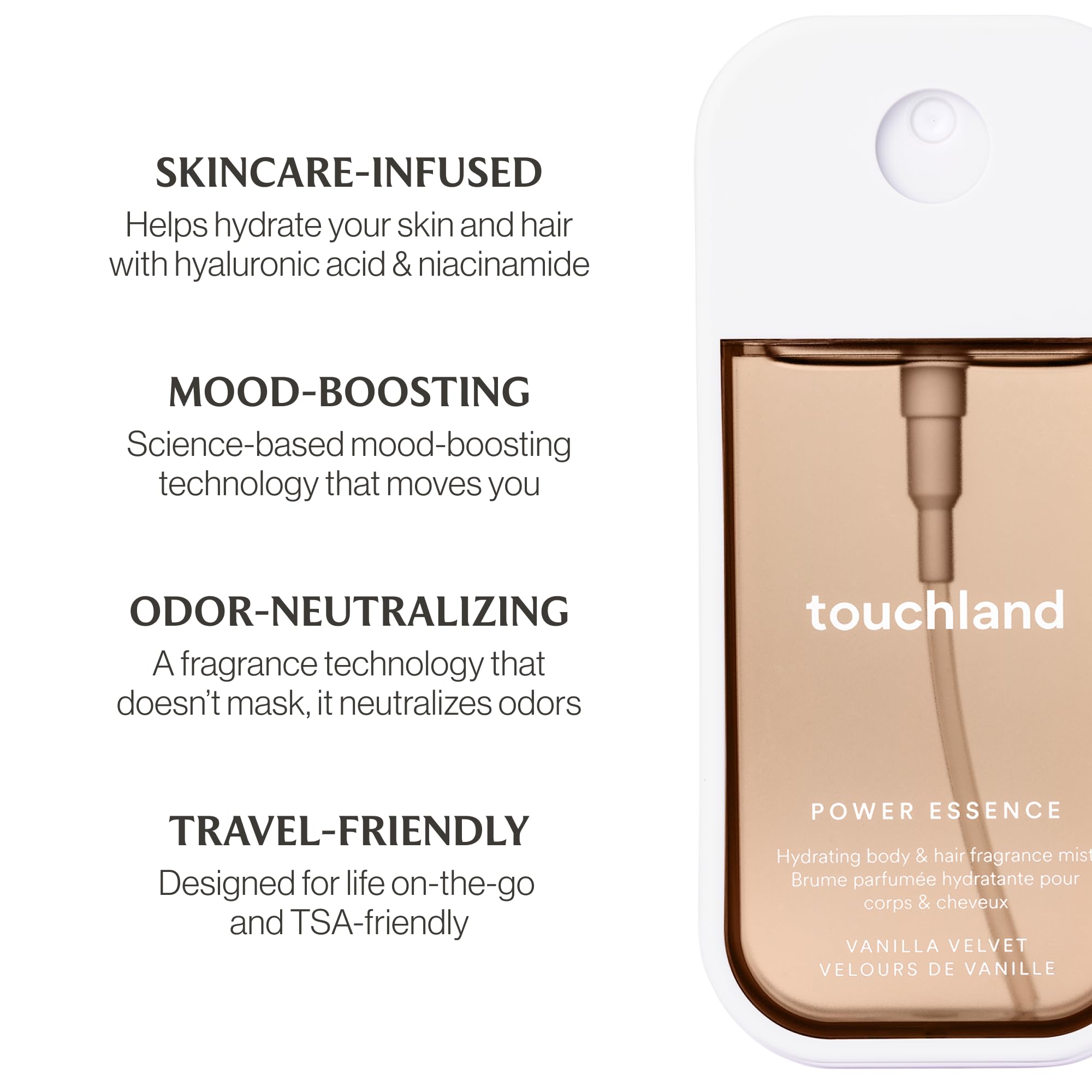 Touchland Vanilla Velvet features niacinamide and panthenol for a hydrated feel.