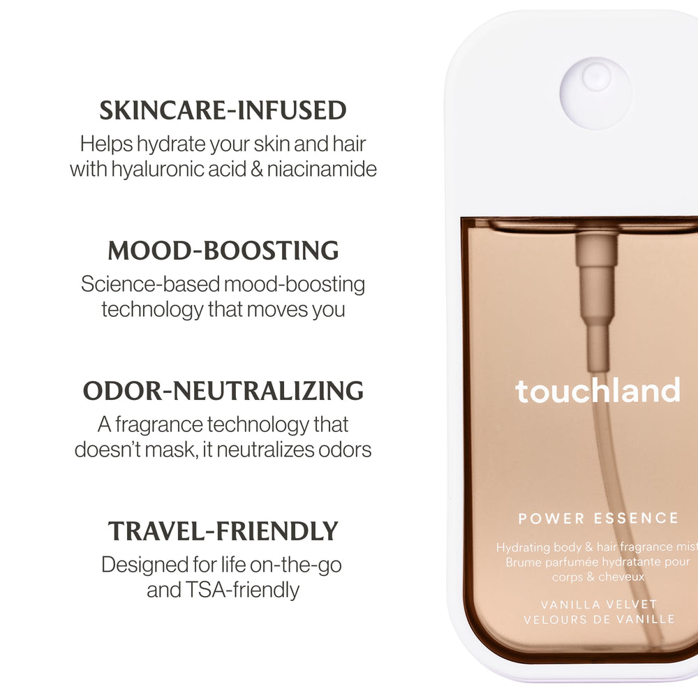 Touchland Vanilla Velvet features niacinamide and panthenol for a hydrated feel.