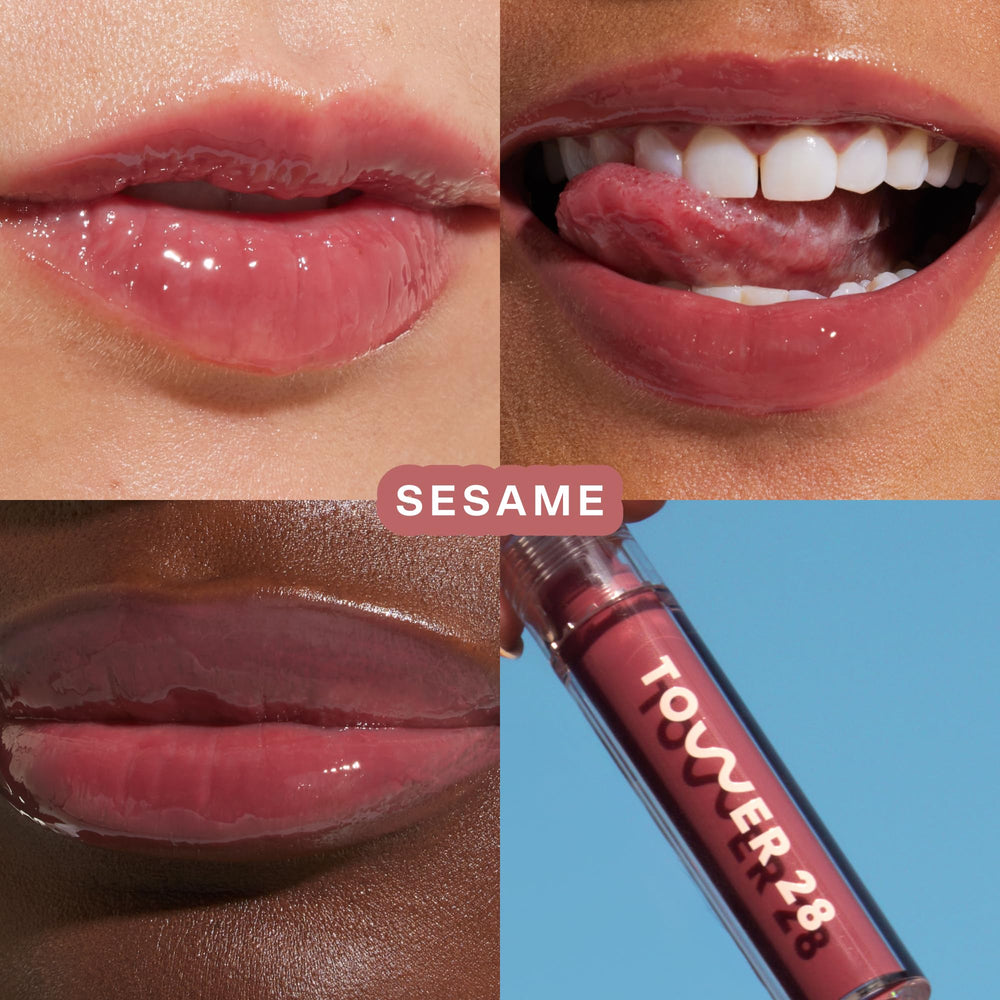 Tower 28 ShineOn Lip Jelly bottle angled to highlight non-sticky shine.